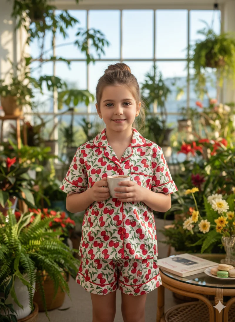 Pijama model clasic din satin imprimat cu cirese, pentru fete