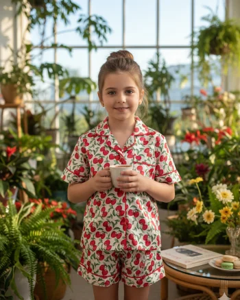 Pijama model clasic din satin imprimat cu cirese, pentru fete