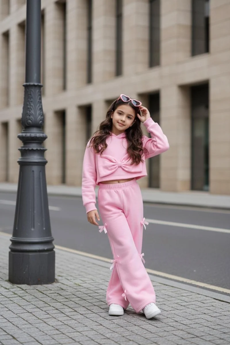 Trening casual roz cu pantalon evazat pentru fete - Sidney