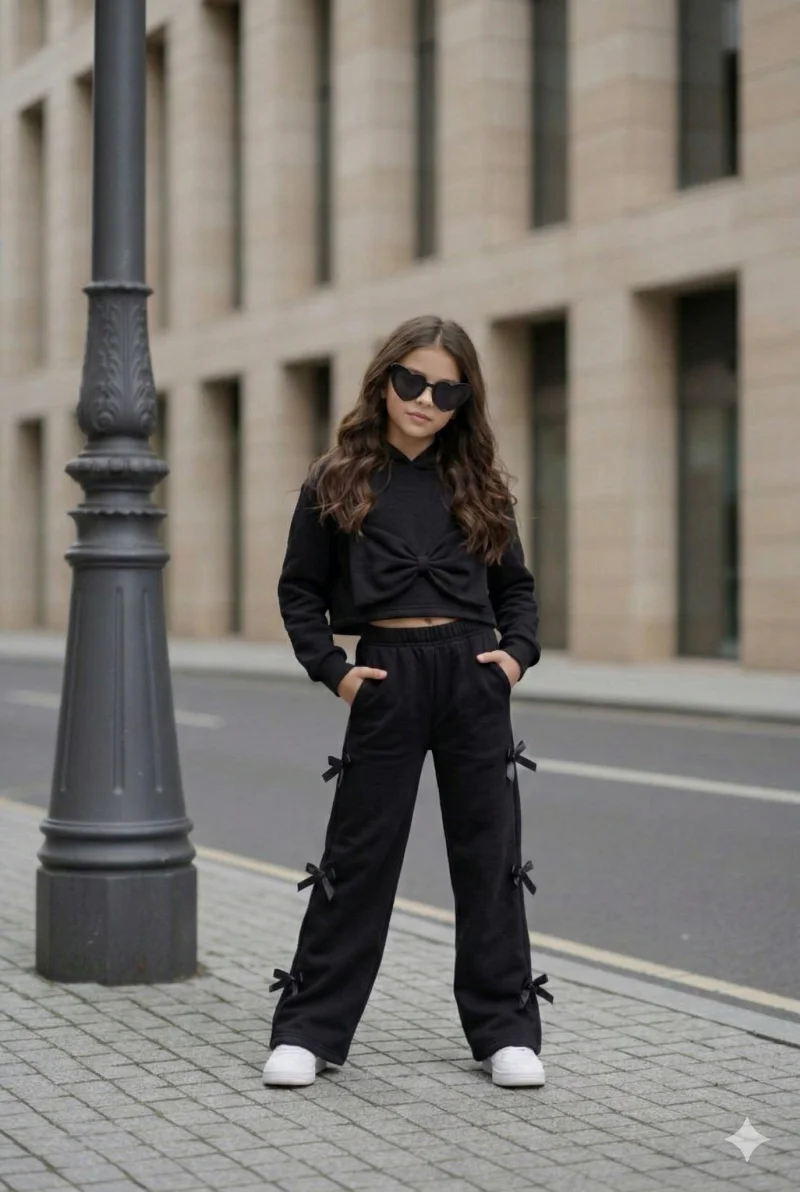 Trening casual negru cu pantalon evazat pentru fete - Sidney