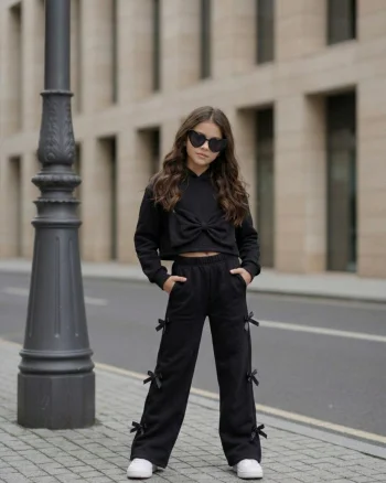 Trening casual negru cu pantalon evazat pentru fete - Sidney