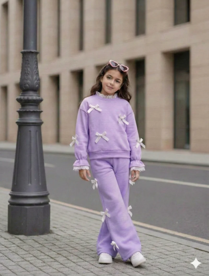 Trening lila casual din bumbac cu dantela pentru fete - Cora