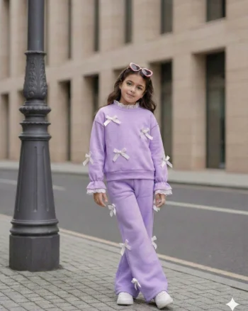 Trening lila casual din bumbac cu dantela pentru fete - Cora