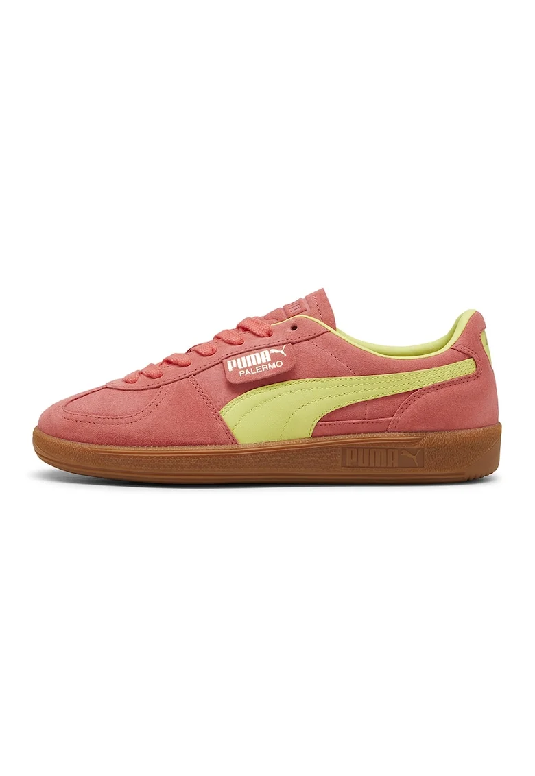 Pantofi sport Palermo de piele intoarsa si piele, Roz somon/Verde lime