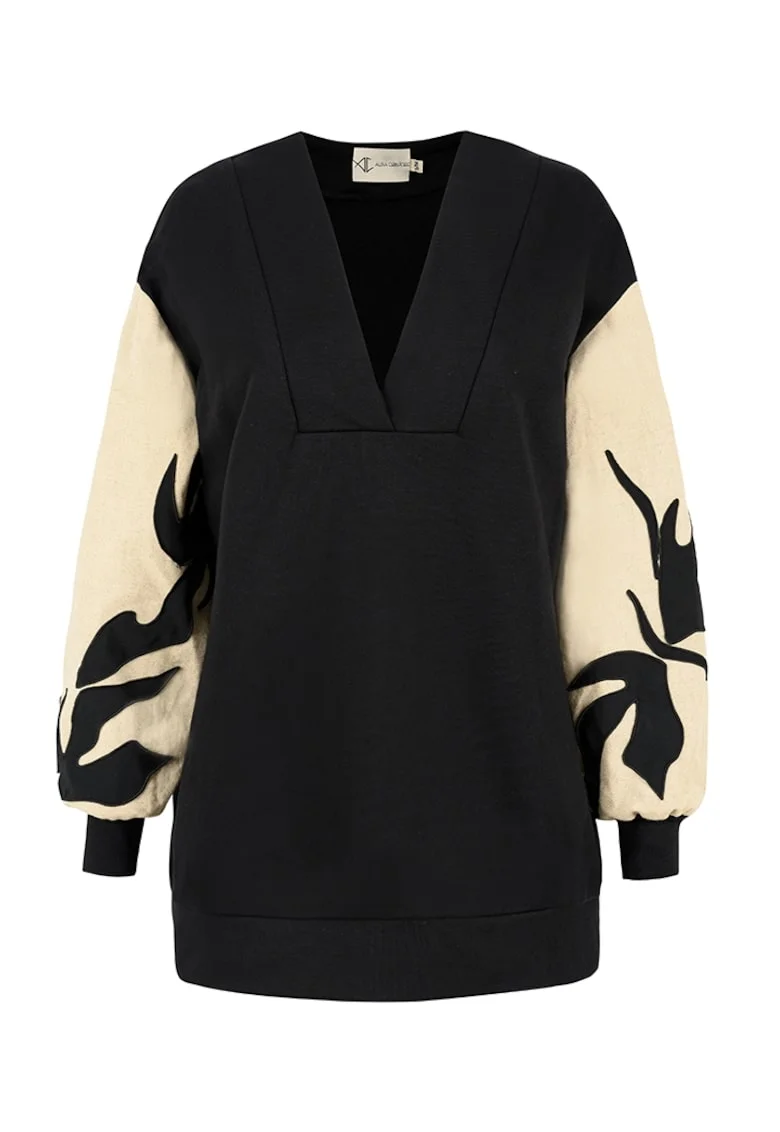 Bluza din bumbac cu decolteu in V si maneci din in cu broderii Dawn, Negru