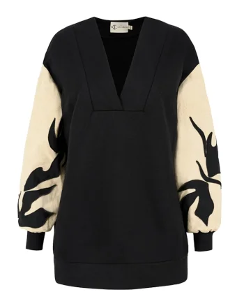 Bluza din bumbac cu decolteu in V si maneci din in cu broderii Dawn, Negru