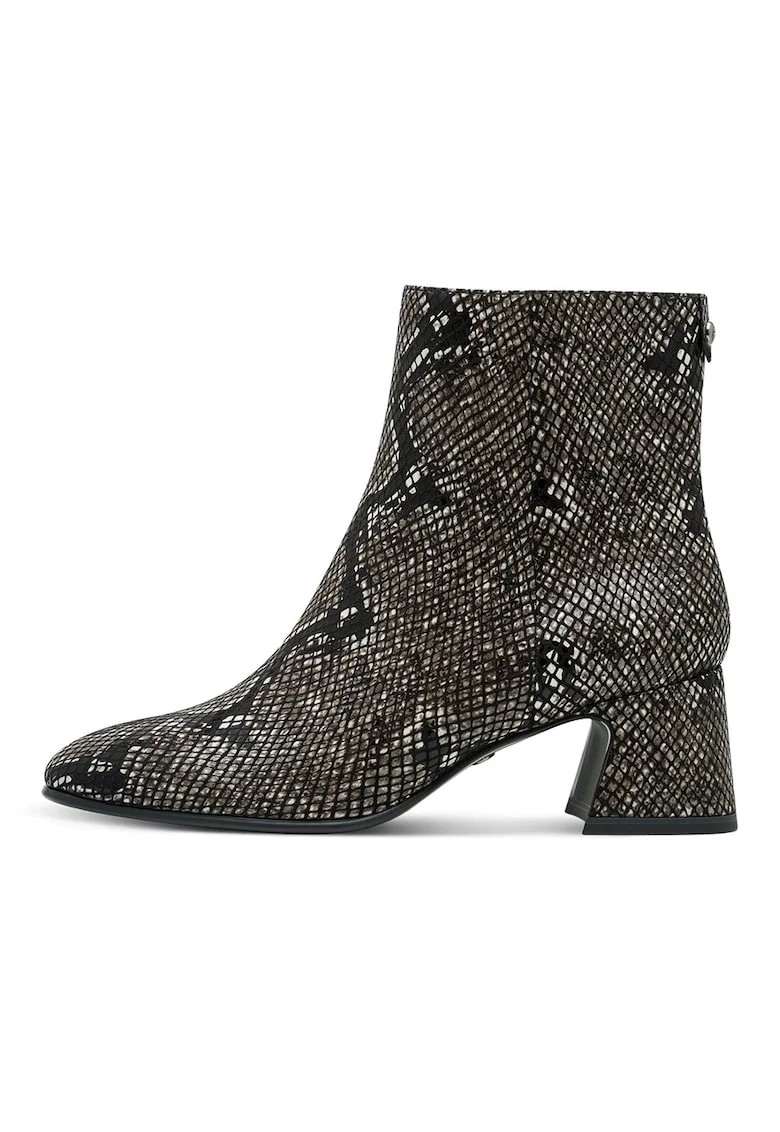 Ghete cu model piele de sarpe si toc masiv, Negru/Maro taupe
