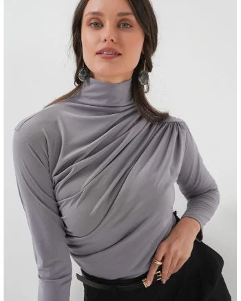 Bluza dama, HiCCUP, guler inalt, detalii cu volane, gri, jerseu