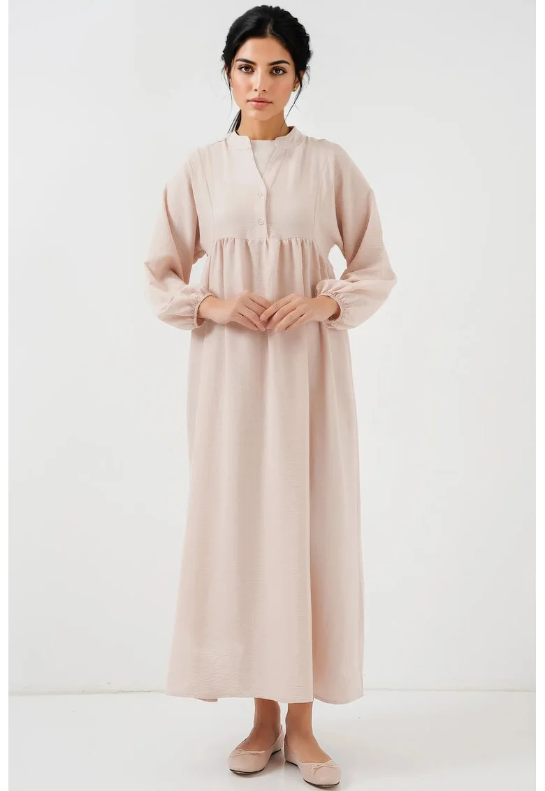 Rochie maxi dama, HiCCUP, poliester, decolteu in V si nasturi, bej