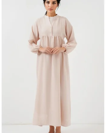 Rochie maxi dama, HiCCUP, poliester, decolteu in V si nasturi, bej