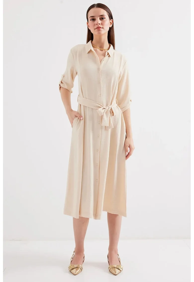 Rochie midi dama HiCCUP, poliester/lycra, cu guler camasa si cordon, bej