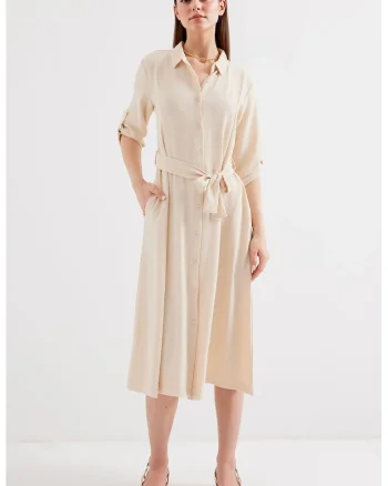 Rochie midi dama HiCCUP, poliester/lycra, cu guler camasa si cordon, bej