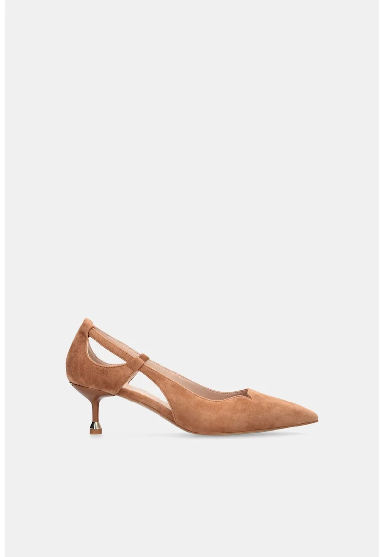 Pantofi din piele intoarsa cu toc kitten, Maro camel
