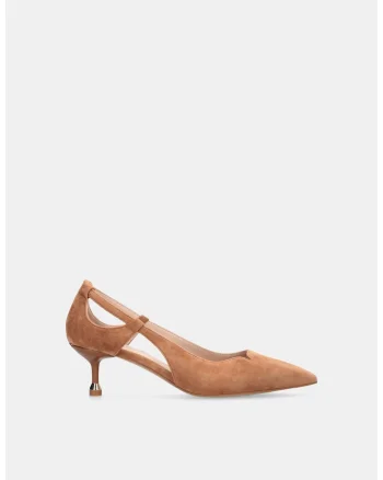 Pantofi din piele intoarsa cu toc kitten, Maro camel
