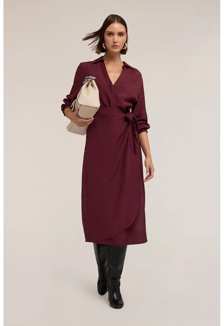 Rochie midi cu croiala petrecuta si decolteu in V, Rosu