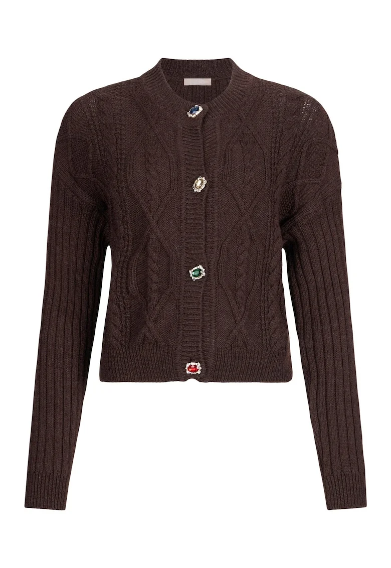 Cardigan din amestec de lana cu model torsade, Maro inchis