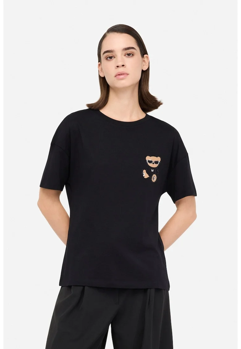 Tricou de bumbac cu broderie si strasuri, Negru