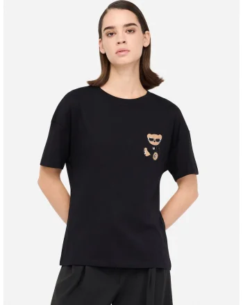 Tricou de bumbac cu broderie si strasuri, Negru