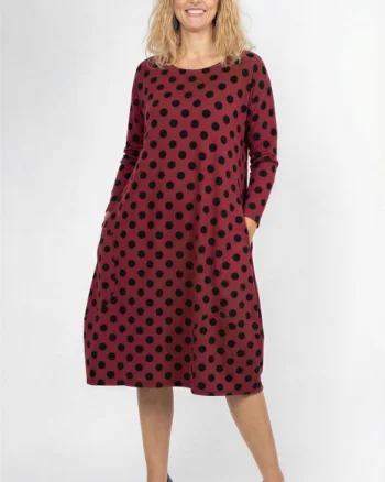 Rochie lalea cu buline embosate si catifelate, din jerseu de bumbac bordo