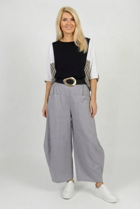 Pantaloni dama largi cu fronseu lateral si buzunare, gri
