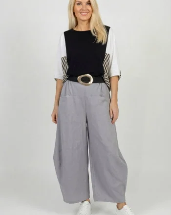 Pantaloni dama largi cu fronseu lateral si buzunare, gri