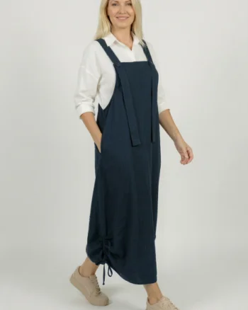 Rochie sarafan lunga cu bretele si snur reglabil, din jerseu de bumbac bleumarin