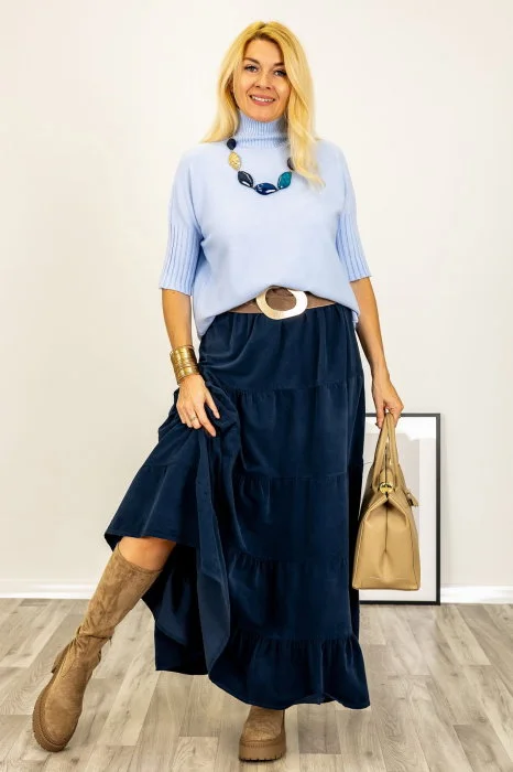 Pulover versatil cu maneci scurte ribbed si guler inalt, din vascoza, bleu