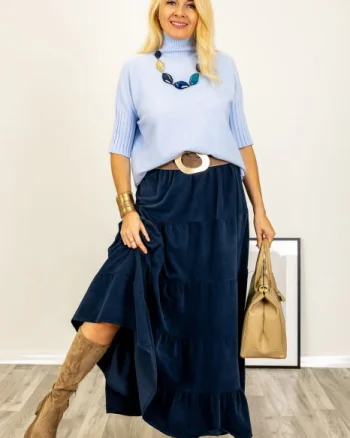 Pulover versatil cu maneci scurte ribbed si guler inalt, din vascoza, bleu