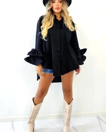 Camasa eleganta Sugar LoLLy, maneci cu volane si croi supradimensionat, Negru, Marime S/M/L