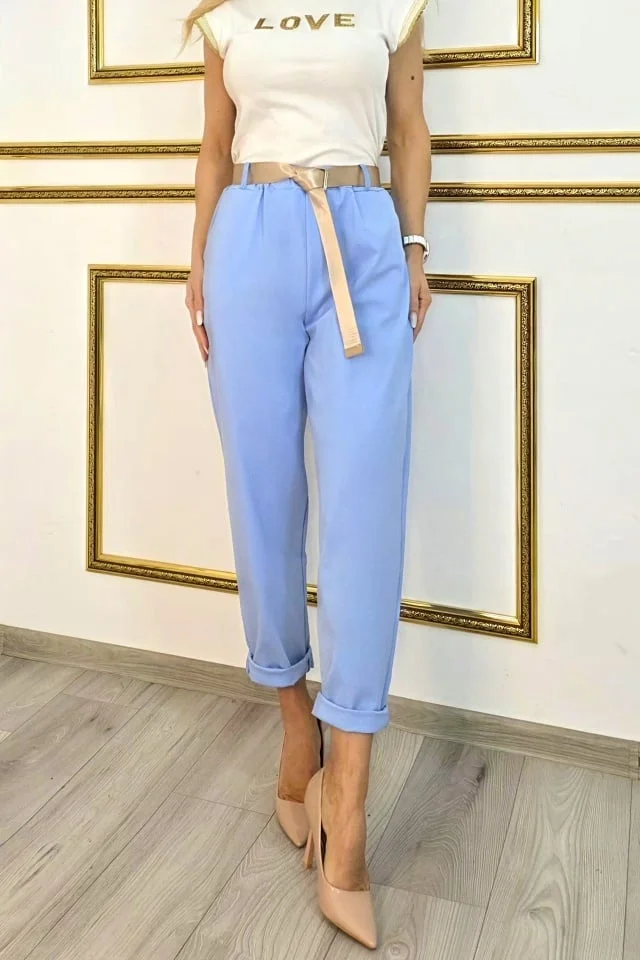 Pantaloni eleganti cu bumbac YASMIN, talie elastica si curea, Baby Blue