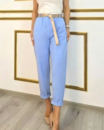 Pantaloni eleganti cu bumbac YASMIN, talie elastica si curea, Baby Blue