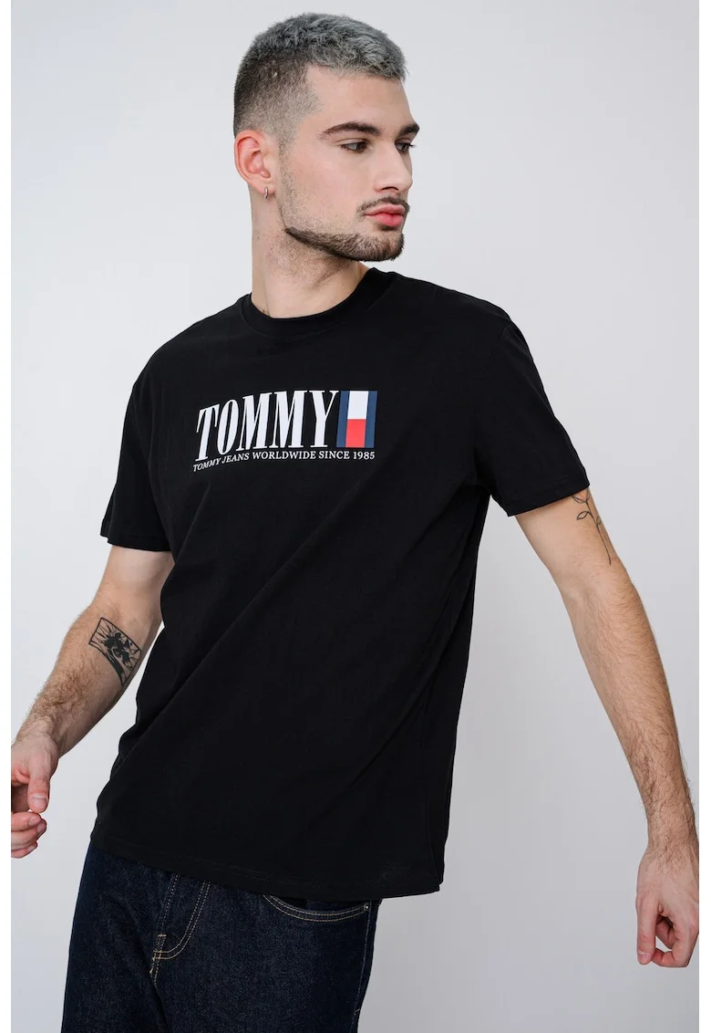 Tricou cu imprimeu logo si decolteu la baza gatului, Negru