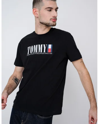 Tricou cu imprimeu logo si decolteu la baza gatului, Negru