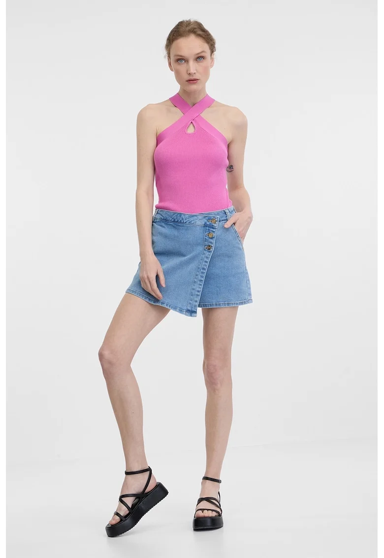 Fusta-pantalon de denim cu talie inalta, Albastru prafuit