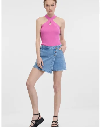 Fusta-pantalon de denim cu talie inalta, Albastru prafuit