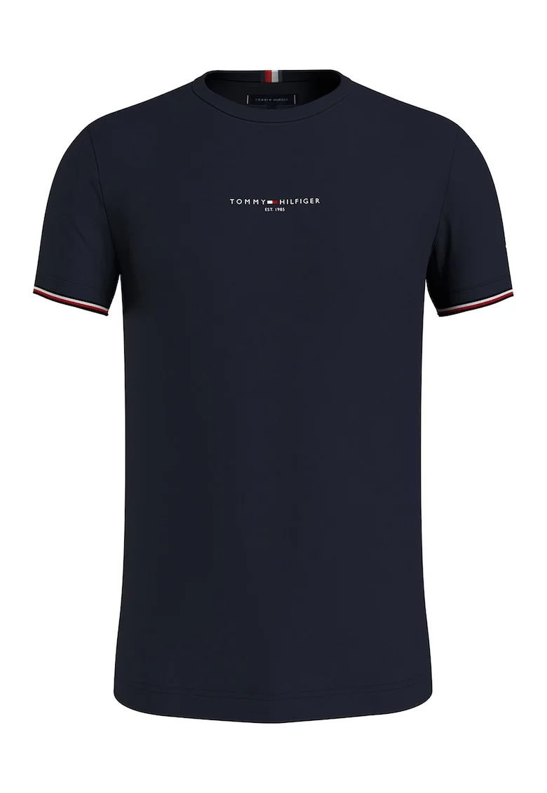 Tricou slim-fit din bumbac cu decolteu la baza gatului, Bleumarin