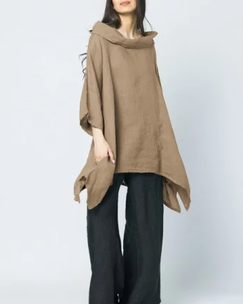 Bluza lunga in colturi, din in, cu gluga, camel
