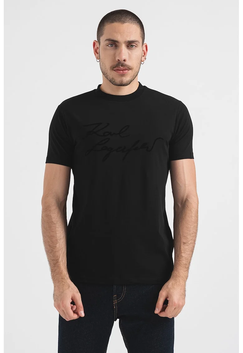 Tricou cu imprimeu logo si decolteu la baza gatului, Negru