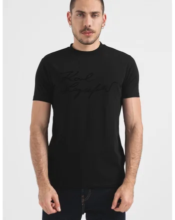 Tricou cu imprimeu logo si decolteu la baza gatului, Negru