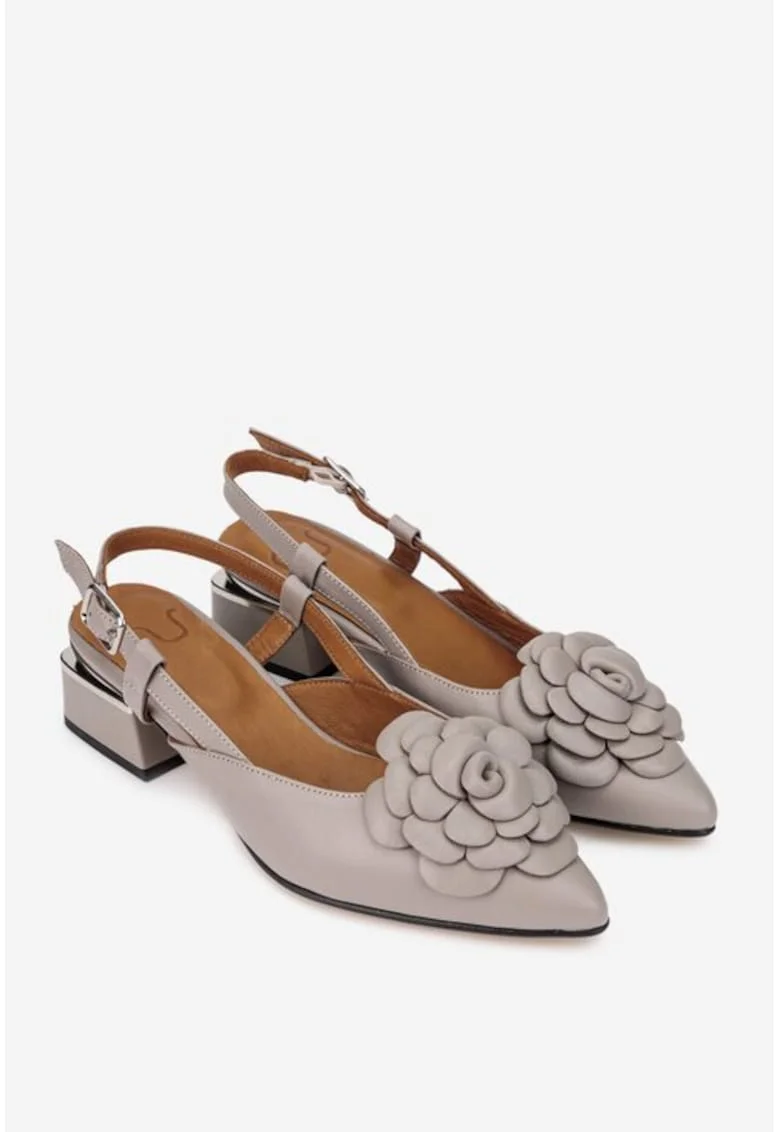 Pantofi dama  taupe din piele cu ornament floare