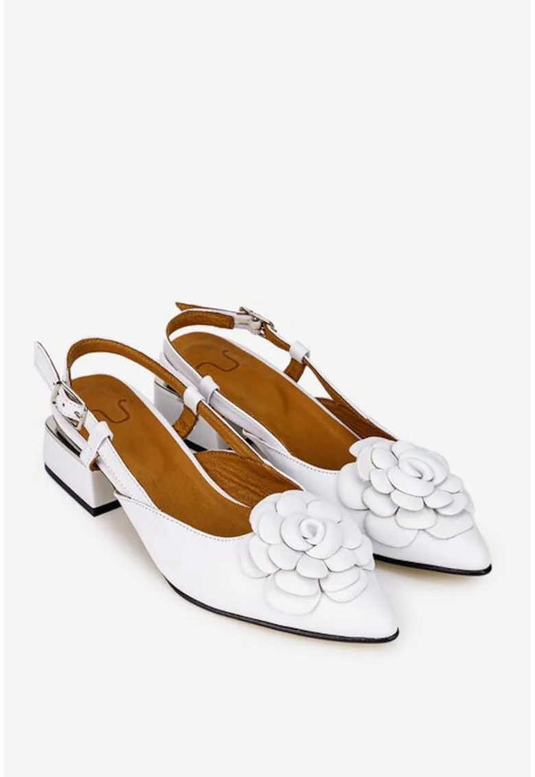 Pantofi dama  albi din piele naturala cu ornament floare