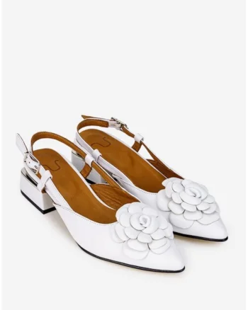 Pantofi dama  albi din piele naturala cu ornament floare