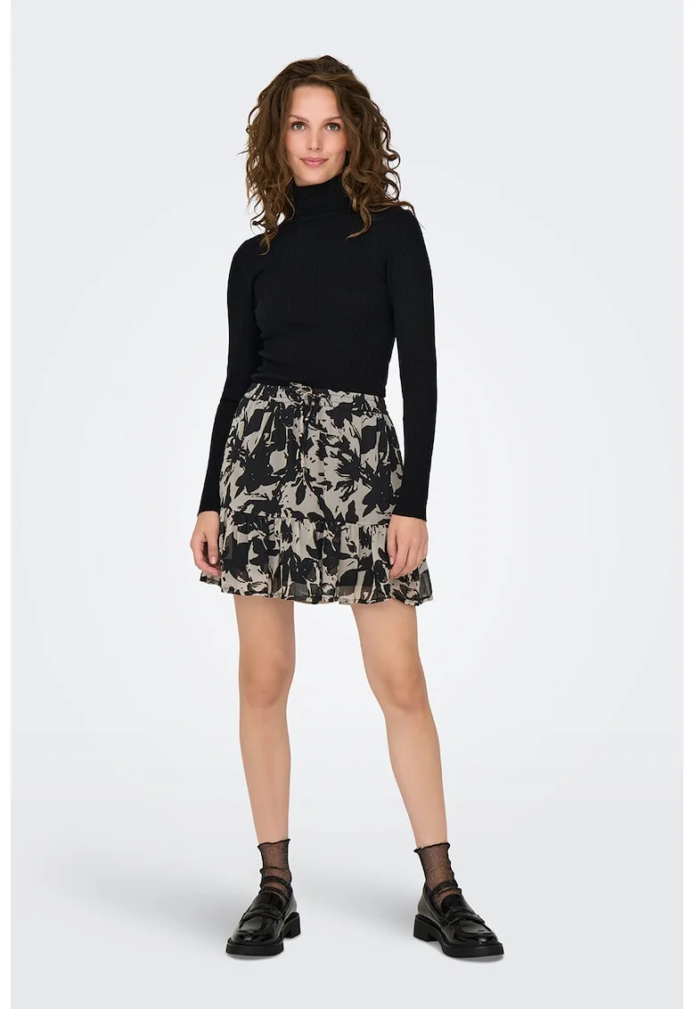 Fusta de sifon cu imprimeu floral, Negru/Grej