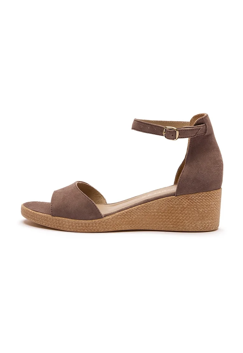 Sandale wedge de piele intoarsa cu bareta pe glezna, Maro taupe inchis