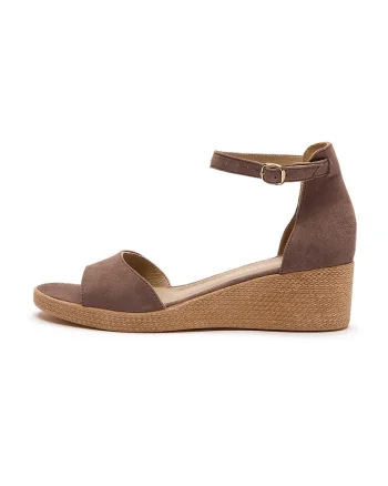 Sandale wedge de piele intoarsa cu bareta pe glezna, Maro taupe inchis