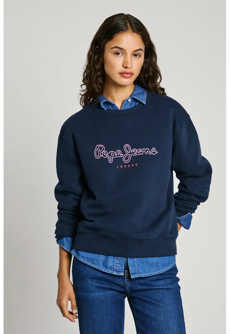 Bluza de trening cu imprimeu logo si decolteu la baza gatului, Bleumarin