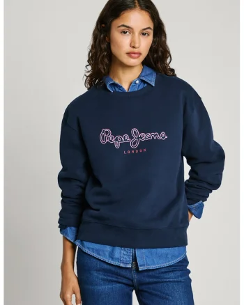 Bluza de trening cu imprimeu logo si decolteu la baza gatului, Bleumarin