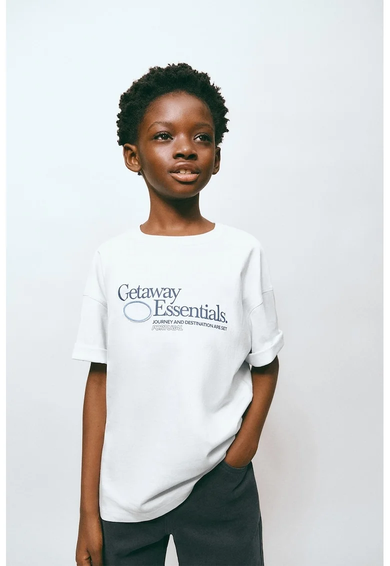 Tricou de bumbac cu imprimeu text, Albastru pastel
