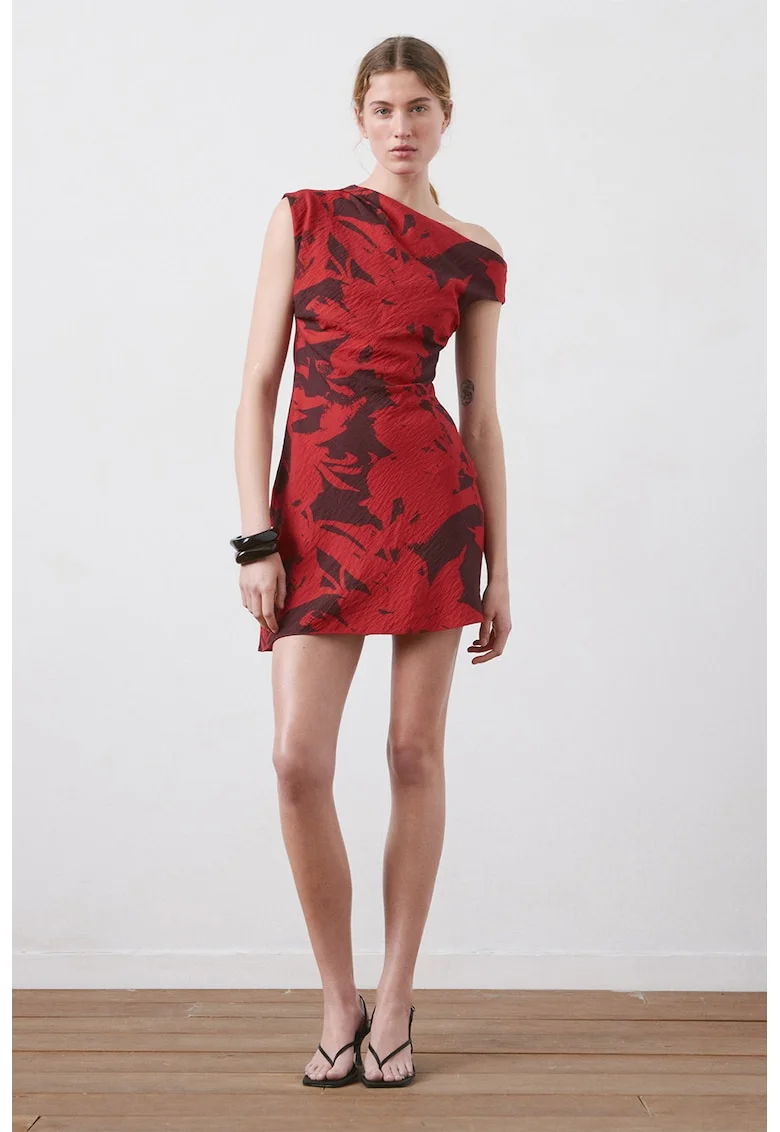 Rochie cu decolteu pe un umar si model, Rosu/Maro