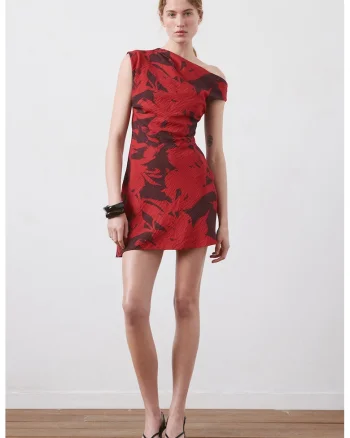 Rochie cu decolteu pe un umar si model, Rosu/Maro